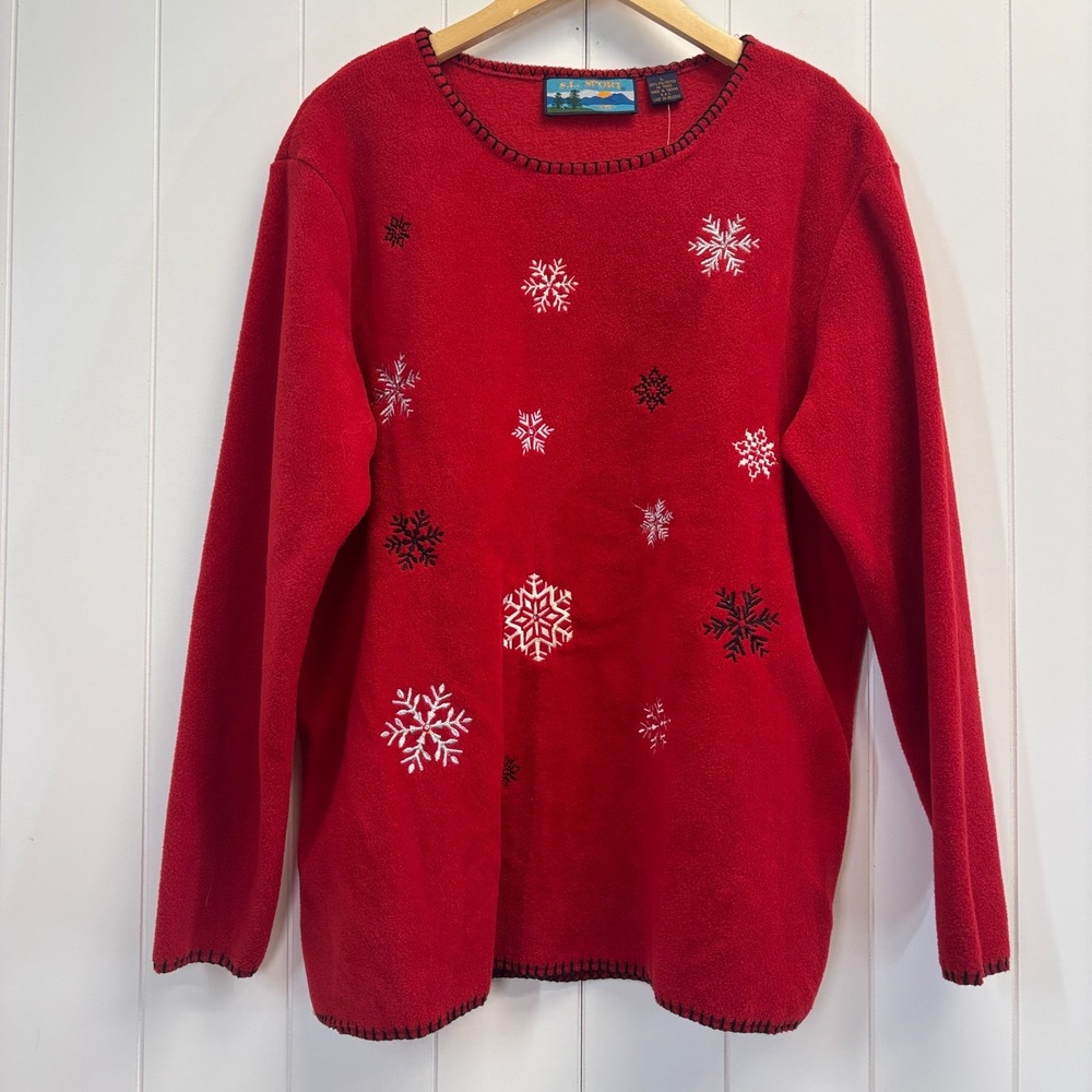 SL Sport Womens Snowflake Bling Fleece Christmas Top Size L Winter Wonderland